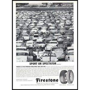 1961 Firestone Tires Sport or Spectator Vintage Print Ad Park Lot Race Wall Art